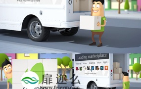 AE模板三维LOGO物流公司宣传片头卡通人开车送快递动画
