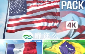 AE模板E3D三维各国旗帜飘动丝绸感动画