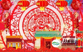 视频素材-红色剪纸动画新年春节福字舞台背景