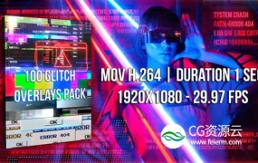 视频素材-100个信号故障干扰毛刺像素损坏抖动闪烁叠加动画 Glitch Overlays Pack