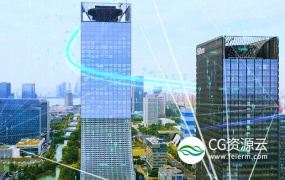 视频素材-4K科技数字商务大楼粒子光线特效合成