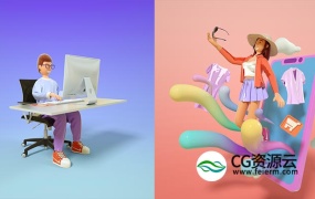 3D模型-6个卡通人物角色玩滑板女性购物办公喝咖啡音乐人设计师场景模型