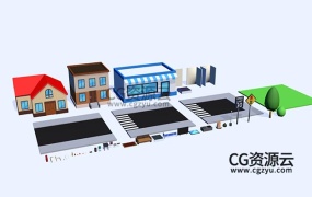 3D模型-低面卡通城市商店路标道路家具C4D模型包
