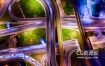 视频素材-航拍高速公路夜间高空俯视立交桥交通轨迹时光倒流光线实拍视频
