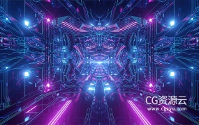 视频素材-穿越霓虹灯网络隧道VJ舞台背景动画