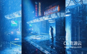 C4D模型-夜雨中的街边乌托邦旅店模型