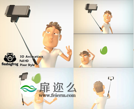 AE模板卡通角色玩自拍三维LOGO片头动画