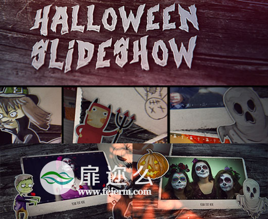 AE模板万圣节主题视频展示照片剪纸风格相册动画