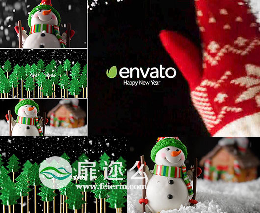 AE模板冬天雪花雪人圣诞节快了新的一年杉树庆典片头