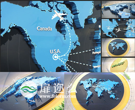 C4D模板+AE模板三维地图通讯连线动画特效