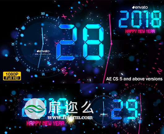 AE模板2018新年时钟倒计时粒子烟花午夜特效视频