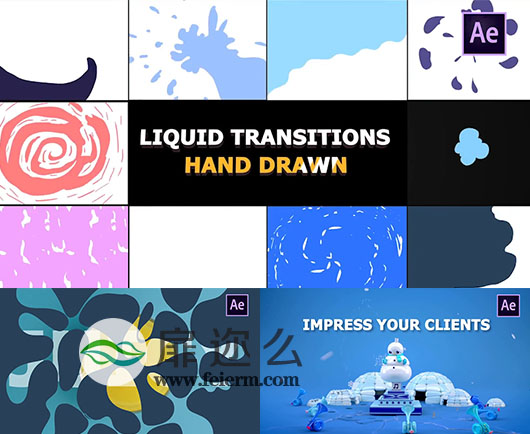 AE模板10种独特清晰的手绘液体转场MG动画特效