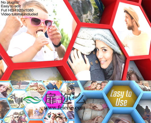 AE模板三维六角形生日祝福婚礼家庭旅游相册动画