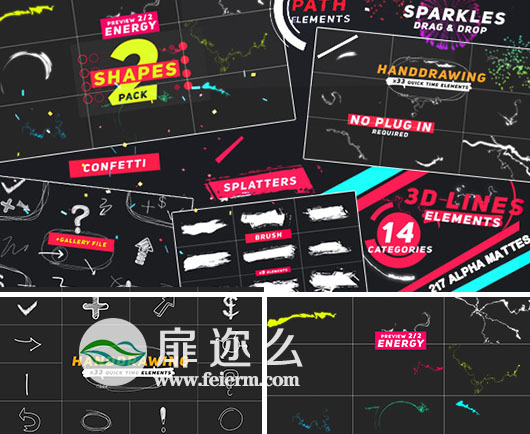 217种不同的动画元素和形状 14种不同的类别视频素材