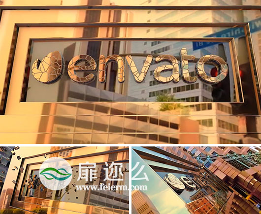 AE模板街道高楼大厦反射三维标志logo演绎动画特效