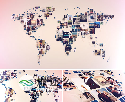AE模板创意优雅照片墙拼贴汇聚世界地图展示幻灯片相册动画