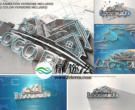 AE模板三维LOGO演绎生长标志建筑蓝图挤压文字片头动画