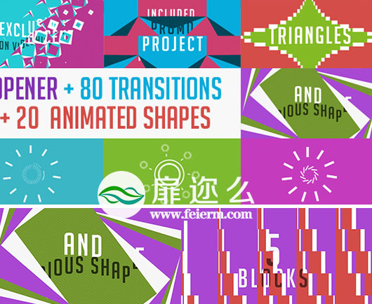 AE模板80种图形动画转场+20种扁平化形状元素MG动画
