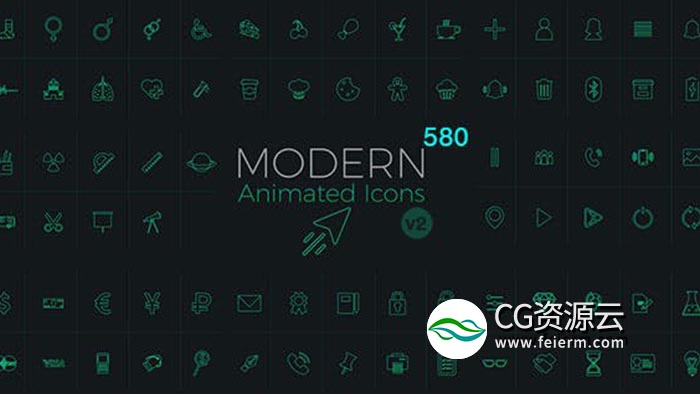 AE模板-580个网络媒体电子商务生活购物食物器材工具箭头天气动画图标库 Modern Animated Icons Library