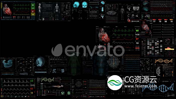 AE模板-300个科技感生物医疗人物DNA超声波红细胞脑电图CT神经心脏界面元素HUD动画包