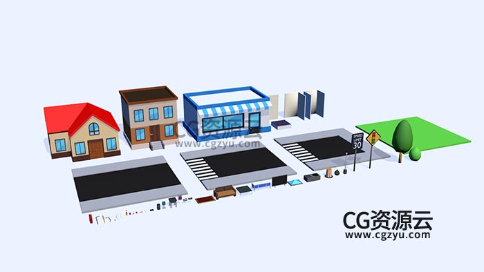 3D模型-低面卡通城市商店路标道路家具C4D模型包